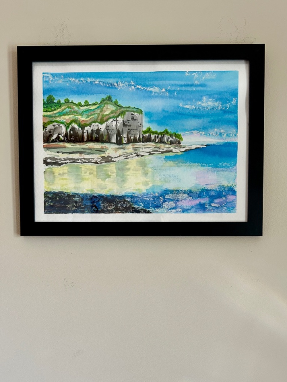 Original Watercolor Coastal Cliffs Ocean Scene Framed Beach Landscape Art